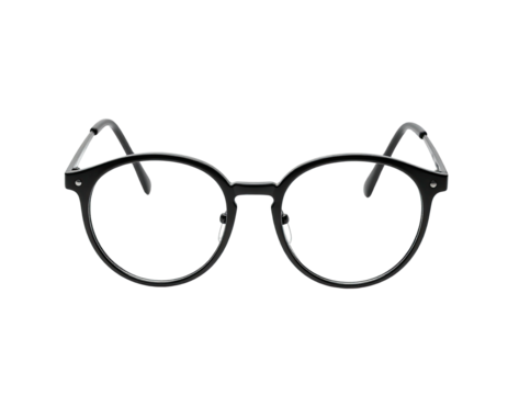 Black eyeglasses, circular lenses, positioned centered against black backdrop