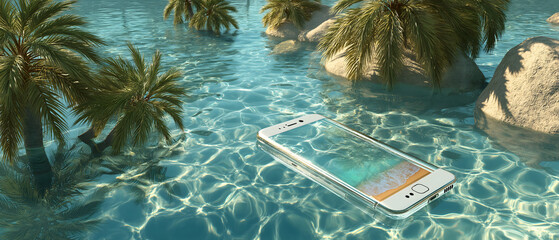 Smartphone floating in pool concept: Smartphone floats near pool edge carefree mood with reflections shimmeringâ€”lost or relaxing either way, idyllic