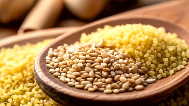 Close-up of sesame seeds and couscous on a wooden spoon with a rustic kitchen background