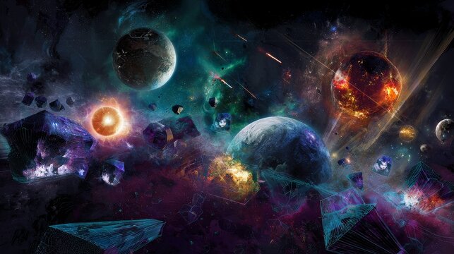 Surreal cosmic dreamscape with glowing planets, swirling galaxies, colorful nebulae, shooting stars, and floating crystal structures forming a mystical otherworldly dimension filled with mystery, fant