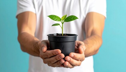 Man holding small plant man gently holds small plant in hands showcasing new growth and care for nascent life