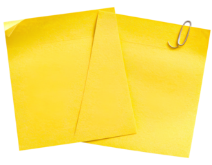 Two yellow sticky notes, isolated on a transparent background.