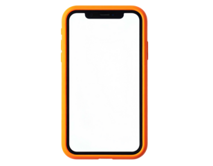 A vertical shot of a smartphone with an orange protective case, display is white