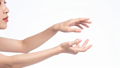 Woman holds white object woman grasps white object in hand showing detail of item