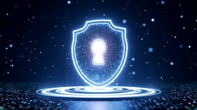 Digital shield with keyhole symbolizing cybersecurity in a tech environment