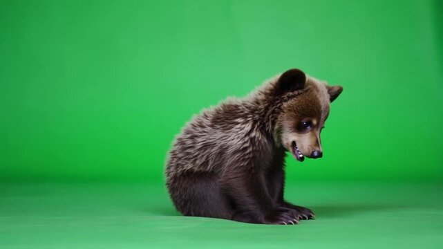 Brown bear cub sitting and waving its paw in front of a green screen studio background setting bear green screen video
