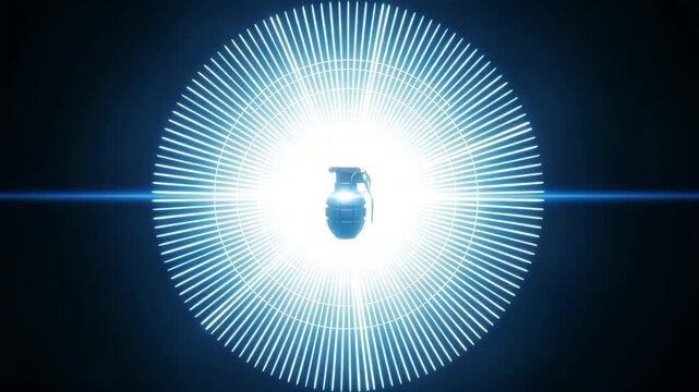 Hand grenade in a bright blue neon light circle