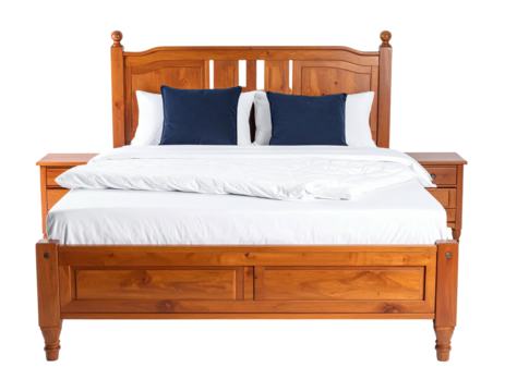 Wooden bed frame with two pillows and white sheets, flanked by matching nightstands