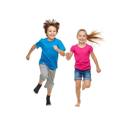Happy Running Children Boy and Girl Isolated on White Background
