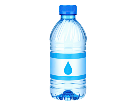 A transparent bottle of clear liquid with a blue cap and label on a solid black background