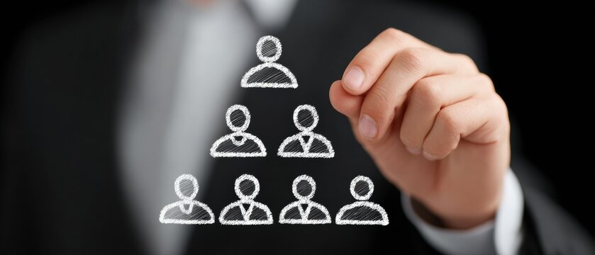 Business hierarchy management concept with chalk drawn team pyramid on transparent board showing leadership and organization structure, professional executive hand drawing diagram
