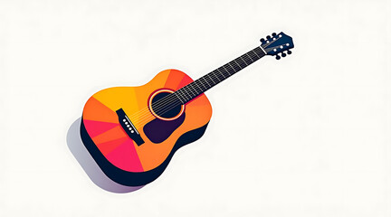 Obraz premium Stylized poster illustration of acoustic guitar with vibrant orange and red sunburst colors casting shadow on white background