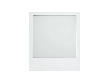 A blank, vintage-style white square photograph frame, isolated against a black background