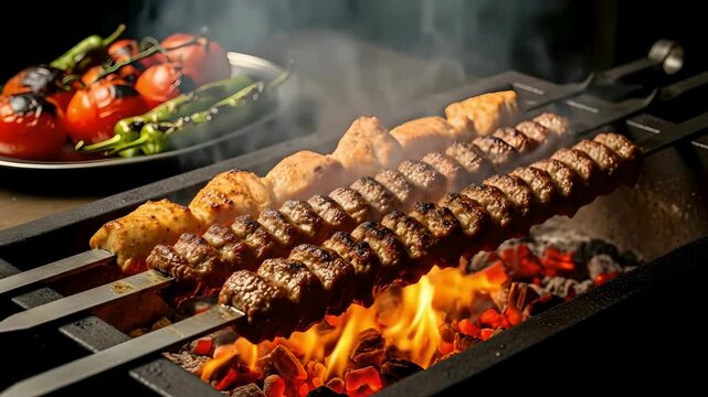 Delicious Meat Kebab Skewers Grilling Over Hot Charcoal on a Barbecue Grill