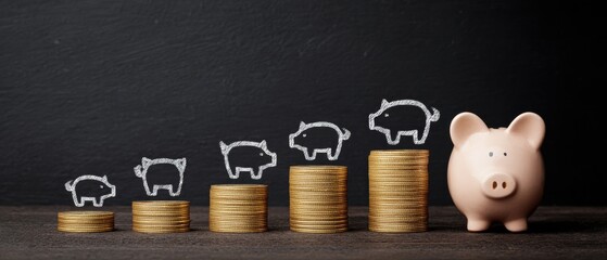 Stack of coin piles with chalk piggy icons stepping upward toward ceramic piggy bank, concept of saving money, family budget, finance growth and personal savings motivation