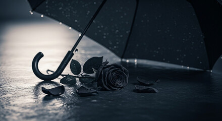 A single black rose lies sadly beneath an open umbrella in the pouring rain, symbolizing loss and sorrow