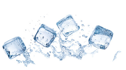Several ice cubes splashing water isolated on transparent background