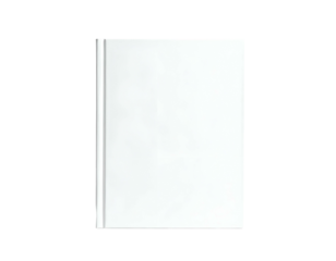 A solitary, blank hardback book rendered against a stark, pure black background