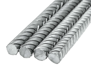 Close-up view of four metal construction rods with ridges and circular ends