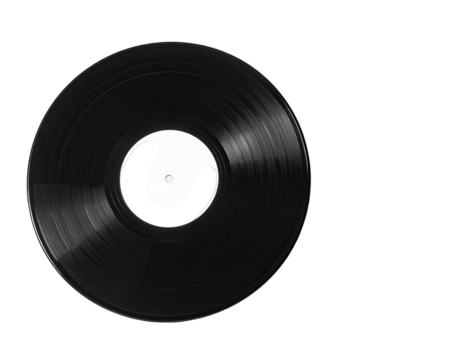 A circular, black vinyl record isolated on a black background. Close-up view