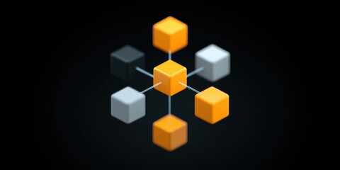 Obraz premium Orange cube network hub connected to six surrounding cubes in dark background conveying technology and collaboration emotion