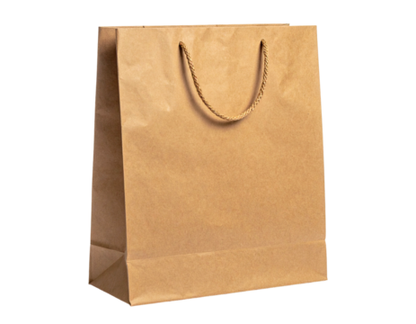 A brown paper shopping bag with rope handles, set against a plain black background