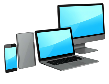 Array of modern electronic devices, including smartphone, tablet, laptop, and desktop display