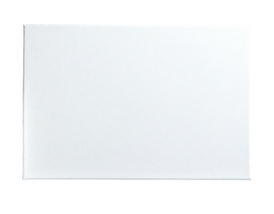 A rectangular white canvas stretched on a wooden frame, set against a stark black background