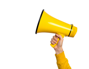 A hand, sleeve visible, holding a bright yellow megaphone, with a black background