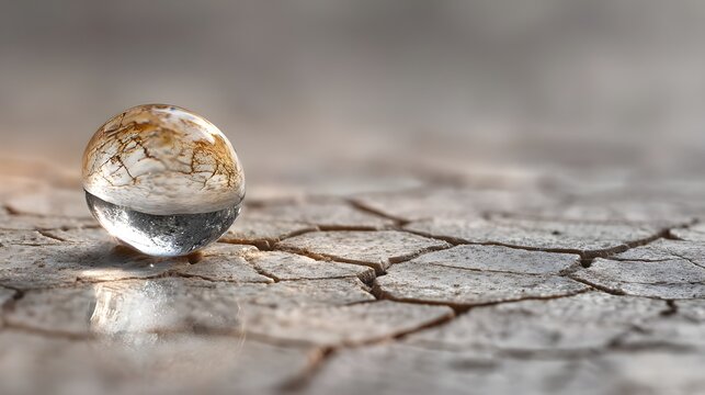 Glass sphere resting on dry cracked soil