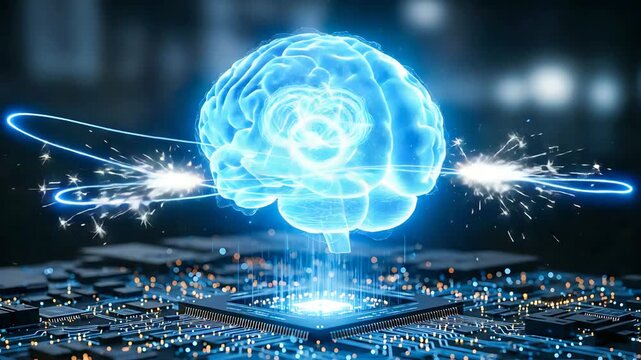 Artificial intelligence brain connected to a computer chip illustration