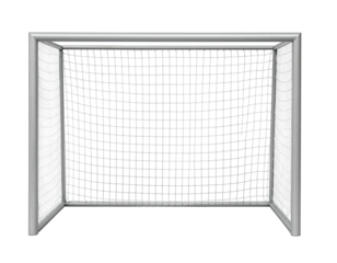 A front view illustration of a soccer net, constructed with white netting and silver frame