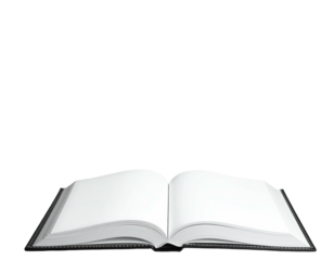 An open, blank book with its pages spread wide, illuminated against a dark background