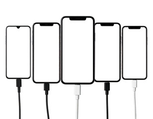 Five smartphones in a row, connected by cables, with blank screens, isolated on black