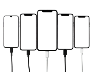 Five smartphones in a row, connected by cables, with blank screens, isolated on black