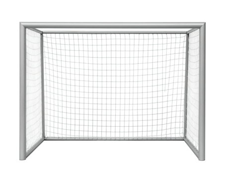 A front view illustration of a soccer net, constructed with white netting and silver frame
