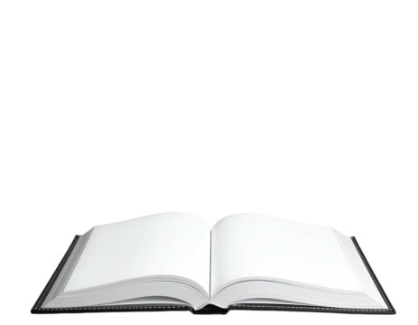 An open, blank book with its pages spread wide, illuminated against a dark background