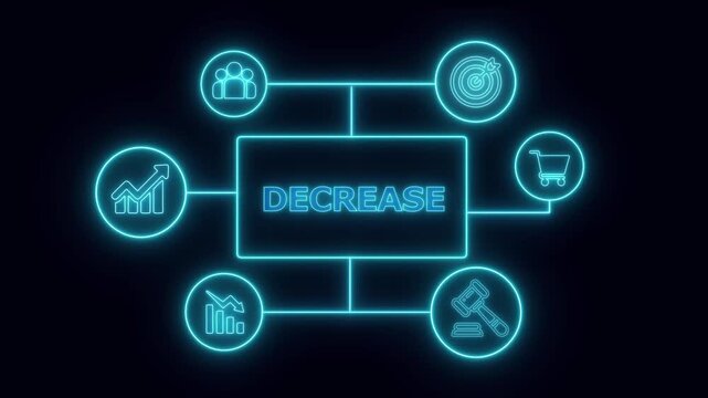 Neon Diagram Illustrating Business Decrease With Icons For People Target Shopping Cart Gavel And Graphs