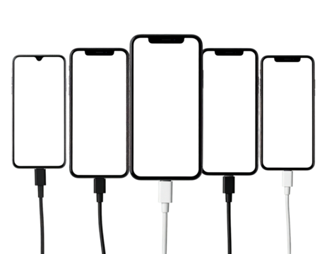 Five smartphones in a row, connected by cables, with blank screens, isolated on black
