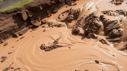 Muddy slurry flowing down a hillside, creating viscous patterns in natural daylight.