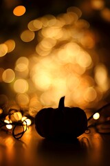 Moody autumn scene with a small pumpkin in silhouette against glowing golden bokeh lights. Warm festive atmosphere, cozy fall holiday aesthetic, soft blurred background.