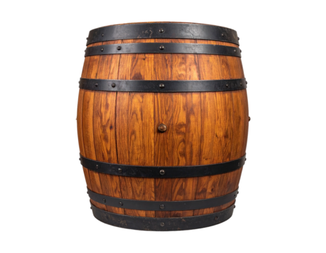 A wooden cask with dark metal bands and a central wooden plug, isolated against a black backdrop