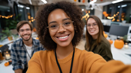A cheerful team of multicultural employees posing for a Halloween group photo in a decorated office space with costumes pumpkins lanterns and cobwebs capturing workplace divers