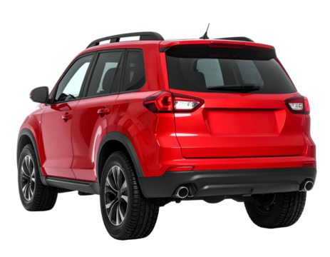 Rear view of a vibrant red, modern SUV, showcasing design and features