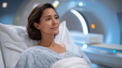 A patient undergoing safe nuclear diagnostic imaging in a hospital room with advanced equipment emphasizing healthcare innovation precision medicine safety and peaceful nuclear
