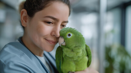 A veterinarian comforting a rescued parrot in a clinic representing exotic animal care compassion professional dedication and animal health in rescue operations. three quarter