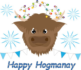 Cartoon Highland Cow with Hogmanay Garland