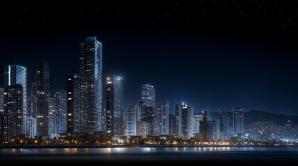 A modern city skyline illuminated at night by sustainable nuclear power representing progress innovation clean energy solutions and peaceful technological achievements. three