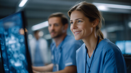 A group of doctors analyzing scans produced by nuclear imaging machines in a hospital setting representing healthcare medical breakthroughs collaboration and life saving techno