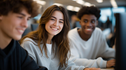 University students of different cultural backgrounds studying IT solutions developed in China in a modern computer lab representing education diversity knowledge transfer and